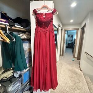 Dave & Johnny Burgundy Lace Prom Dress